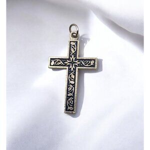 Vintage Silver Tone Cross Pendant With Intricate Engraving Religious Christian F